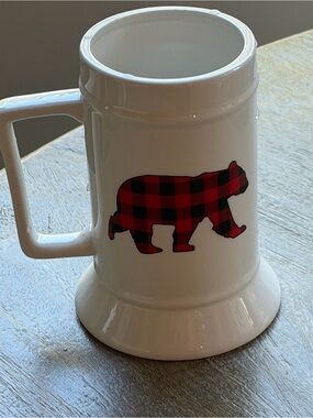 White Ceramic Beer Stein with Red Buffalo Plaid Bear